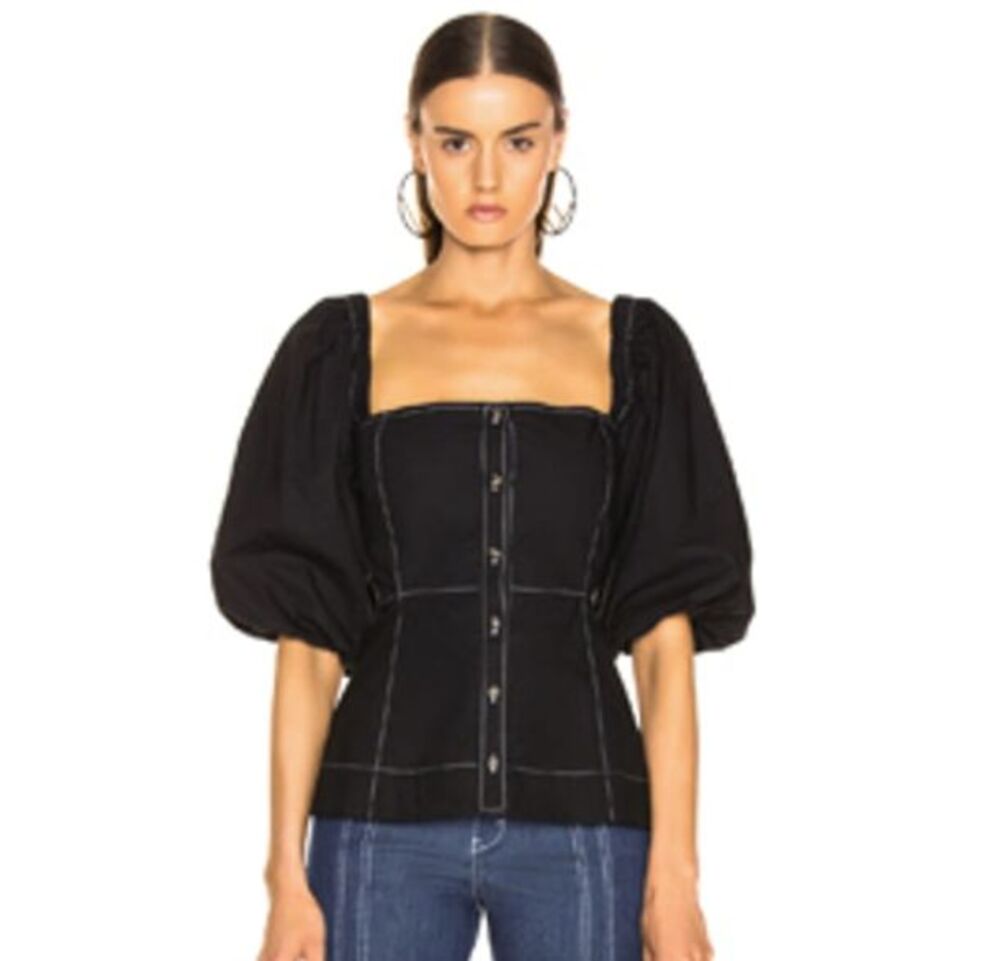 Ganni Slate Top 36 / S Black Puff Sleeve Button Front Blouse Cotton Scandi Baddi